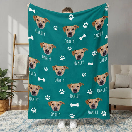 Custom Photo Upload Blanket with Dog Faces and Paw Prints product photo