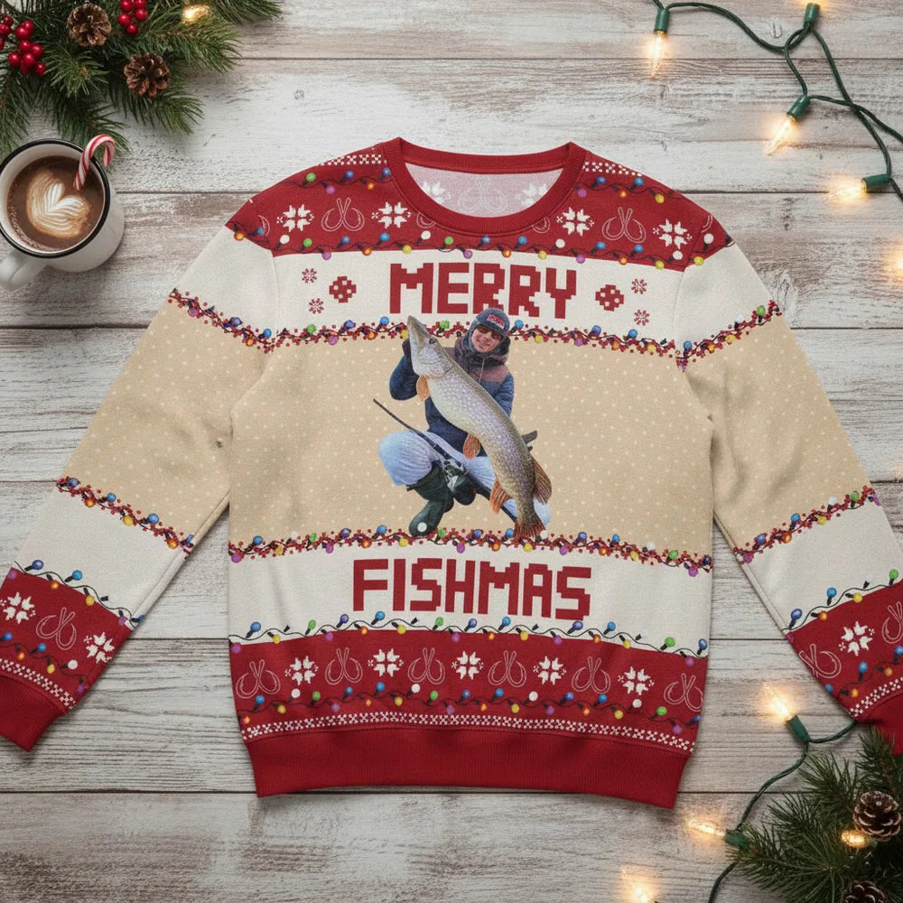 Custom Photo Merry Fishmas Gift For Fishing Lovers Ugly SweaterI694L product photo