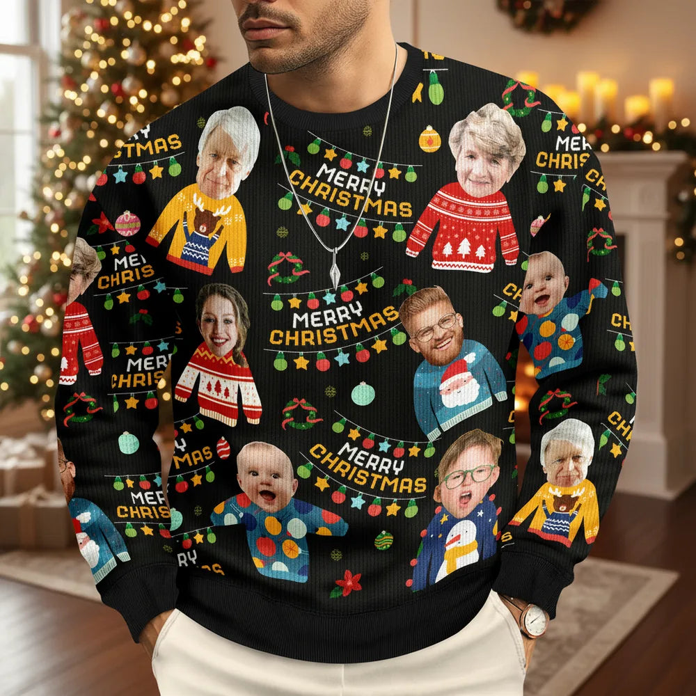 Custom Photo Upload Merry Christmas Sweater with Holiday Lights product photo