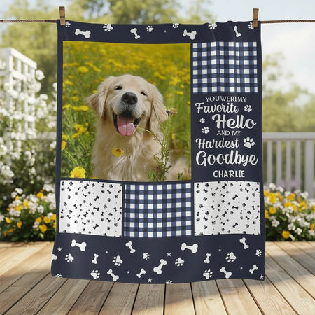 Custom Photo Upload Blanket with Paw Prints & Gingham Patches product photo