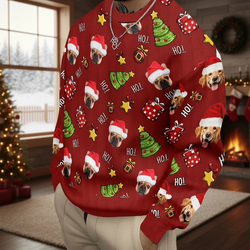 Custom Photo Upload Sweater with Santa Dog and HO Christmas Pattern product photo