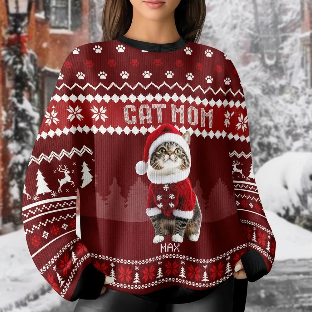 Custom Photo Upload Cat Mom Ugly Christmas Sweater with Santa Cat product photo