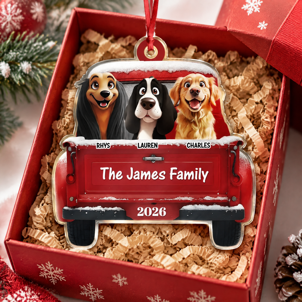 Custom Personalized Acrylic Ornament with Dogs in Red Truck 5V4X3