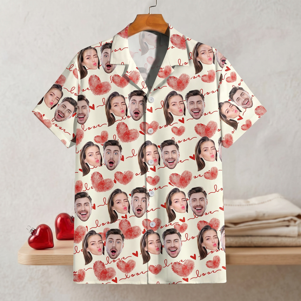 Custom Couple Photo With Heart Pattern Hawaiian Shirt