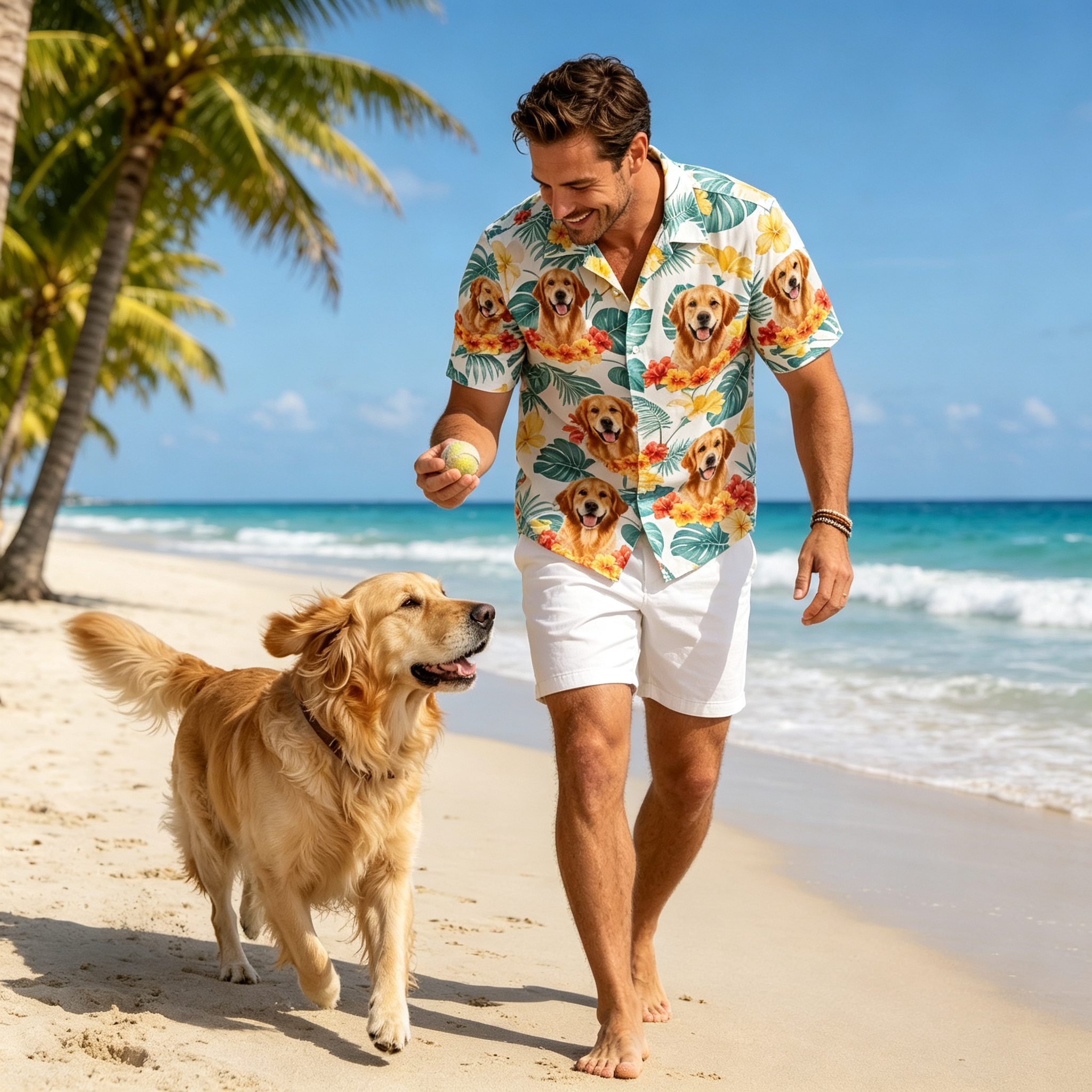 Personalized dog photo Hawaiian shirt on the beach
