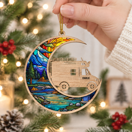 Custom Personalized Wood Ornament with Stained Glass Camper Design AWAZS