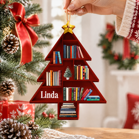 Custom Personalized Wood Ornament with Tree Bookshelf & Star C954X