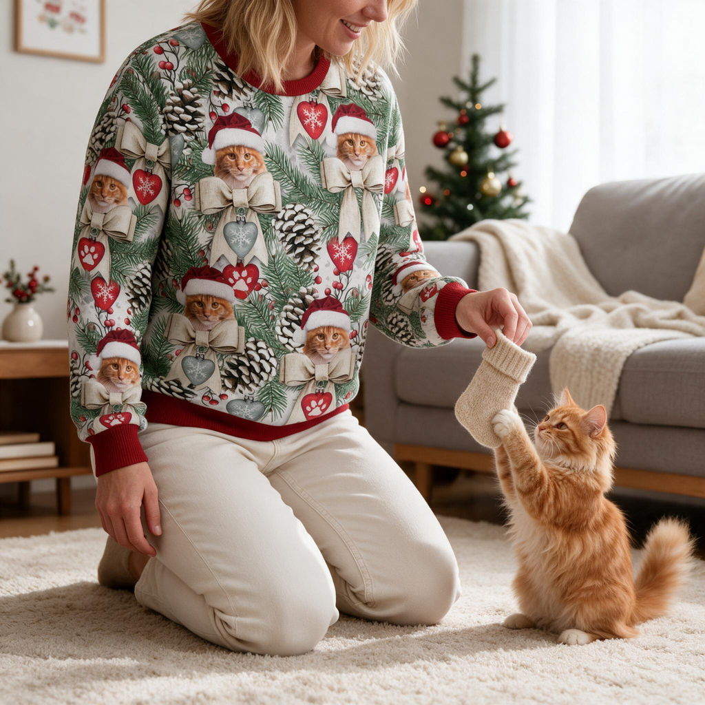 Custom Photo Upload Christmas Sweater with Beagle & Pine Cones RV4WE
