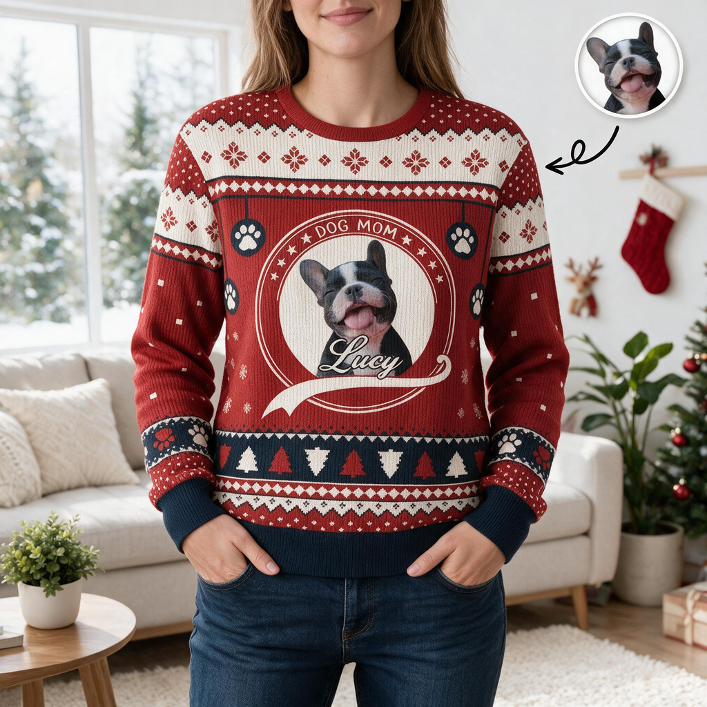 Custom Photo Upload Dog Mom Sweater with Fair Isle Pattern SBV53