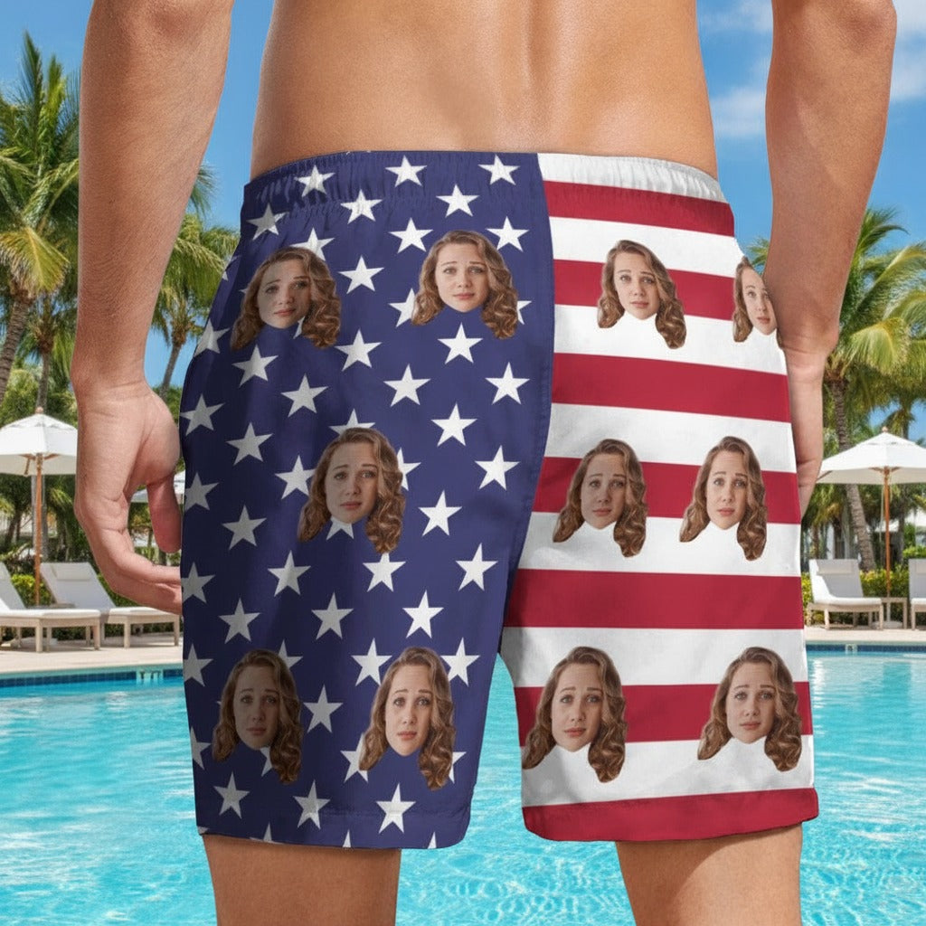 Custom Human Face American Flag Beach Short CTKC8