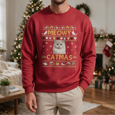 Custom Photo Upload Meowy Catmas Ugly Christmas Sweatshirt H50KQ