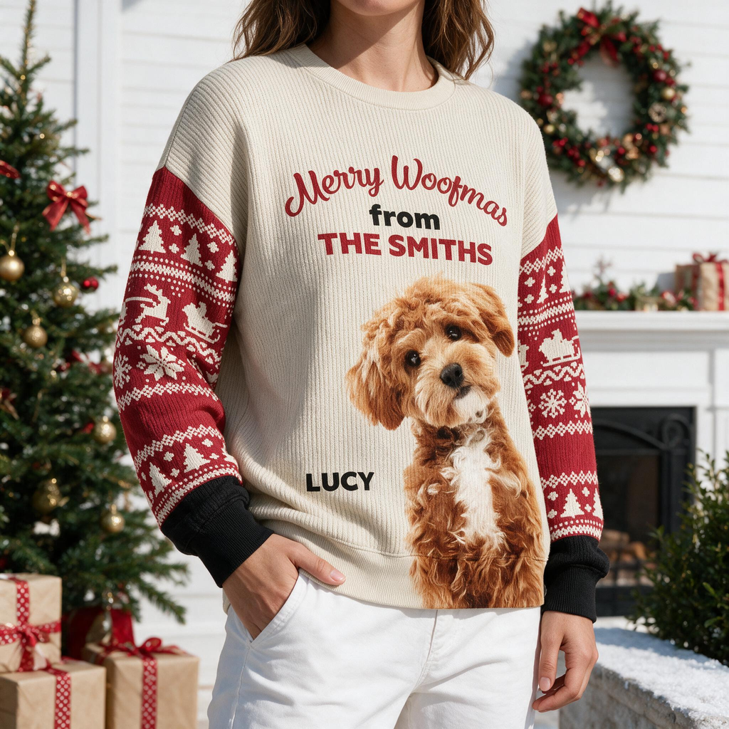 Custom Photo Upload Merry Woofmas Sweater with Fair Isle Sleeves 3Z32T