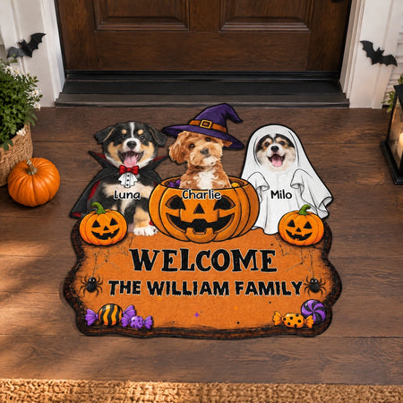 Custom Photo Upload Doormat with Halloween Dogs & Pumpkins MPAR6