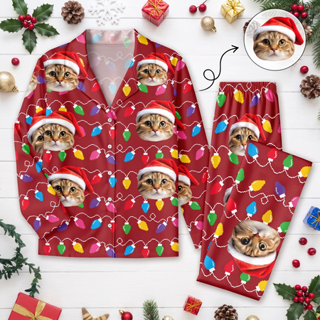 Custom Photo Upload Pajamas with Christmas Cats & Colorful Lights P2C5V