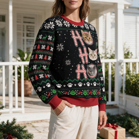 Custom Photo Upload Christmas Sweater with Ho Ho Ho Cat Design RUVV0