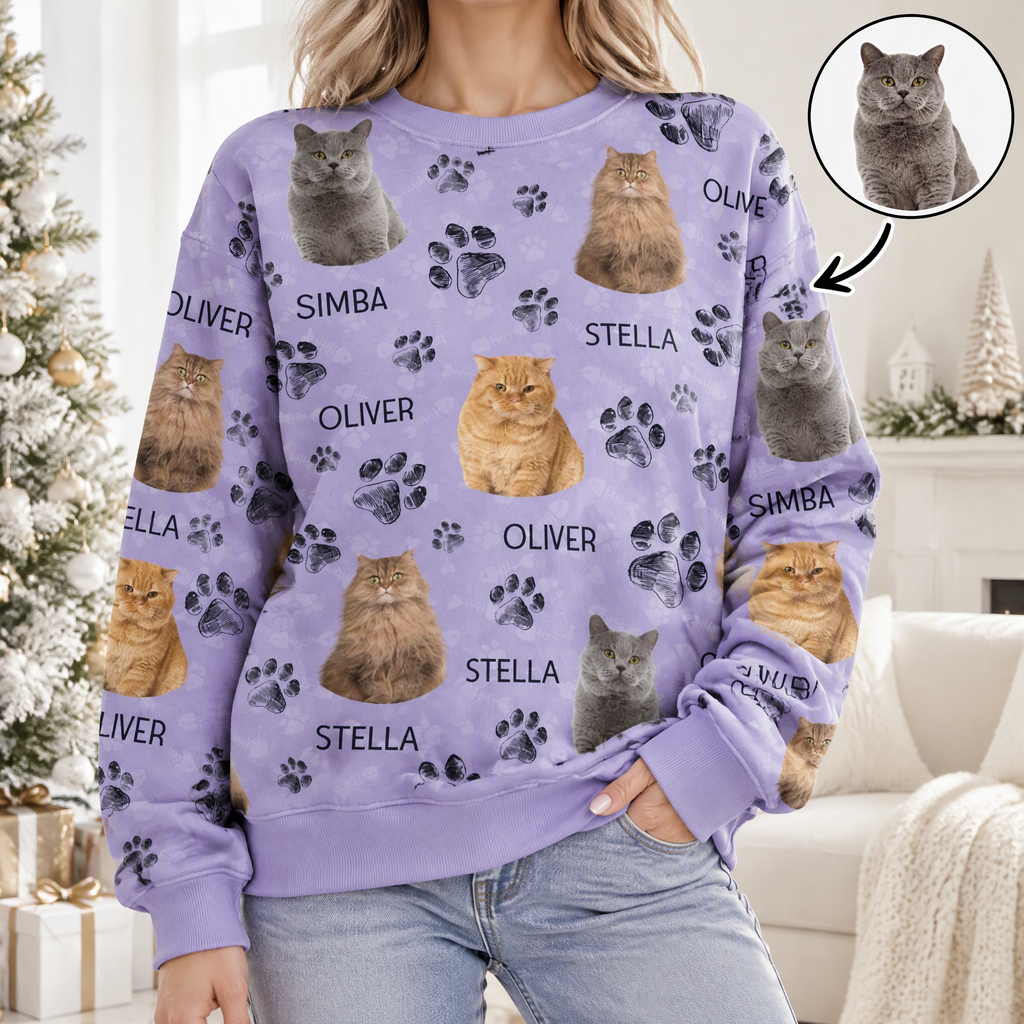Custom Photo Upload Sweatshirt with Dog Portraits & Paw Prints EX8XH
