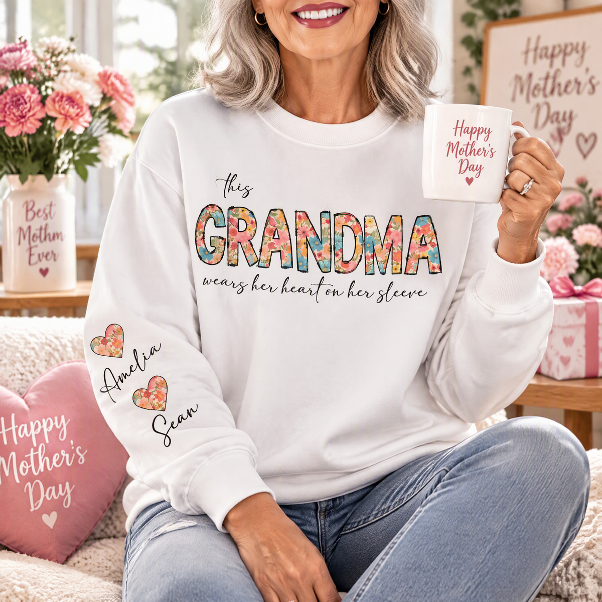 Custom Personalized Grandma Floral Hearts Sweatshirt with Sleeve Names Y7CAW