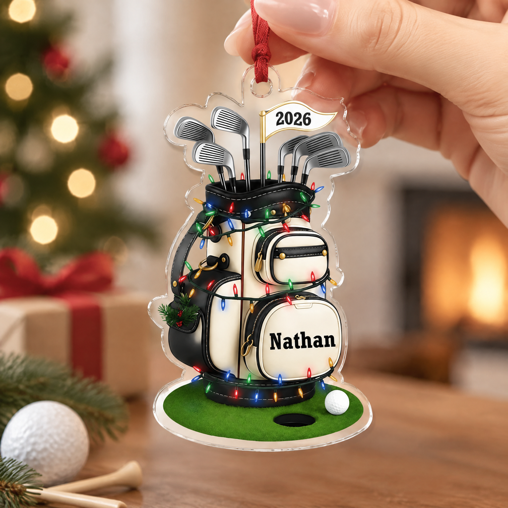 Custom Personalized Acrylic Ornament with Golf Bag & Christmas Lights 5YV5X