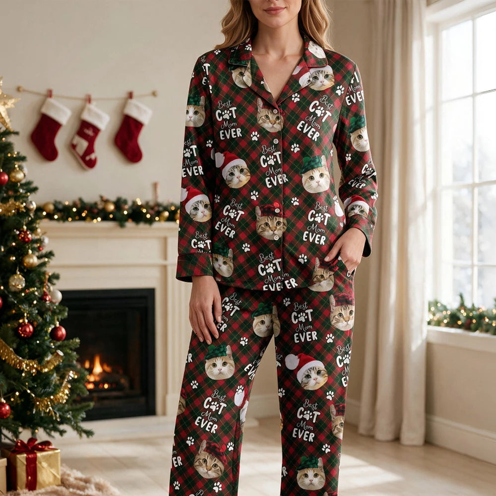 Custom Photo Upload Best Cat Dad Ever Christmas Pajamas CCPQP