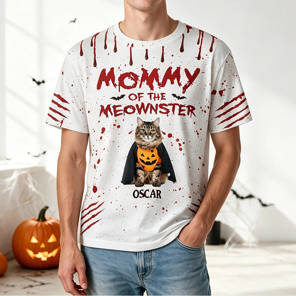 Custom Photo Upload Mommy Daddy of the Meownster Halloween T-Shirt W55Z4