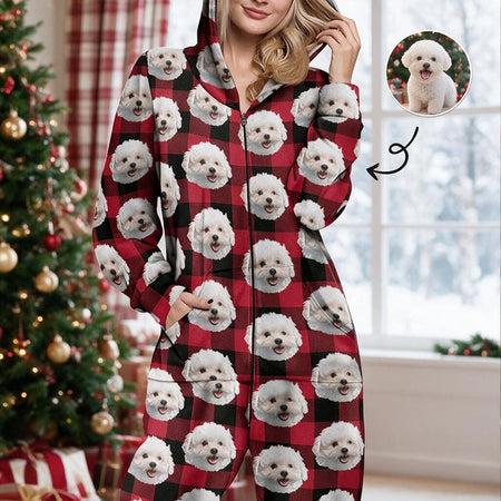 Custom Photo Upload Onesie Pajamas with Buffalo Plaid & Dog Faces NJV6Z