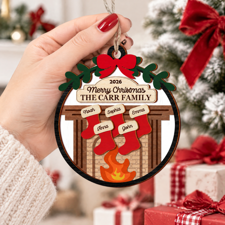 Custom Personalized Wood Ornament with Fireplace & Stockings TGF25