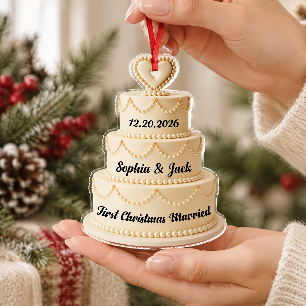 Custom Personalized Acrylic Ornament with Wedding Cake & Heart WCVL9