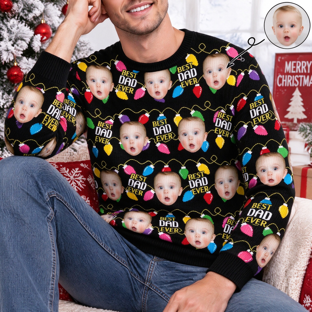 Custom Photo Upload Sweater with Best Dad Ever & Christmas Lights NCW46