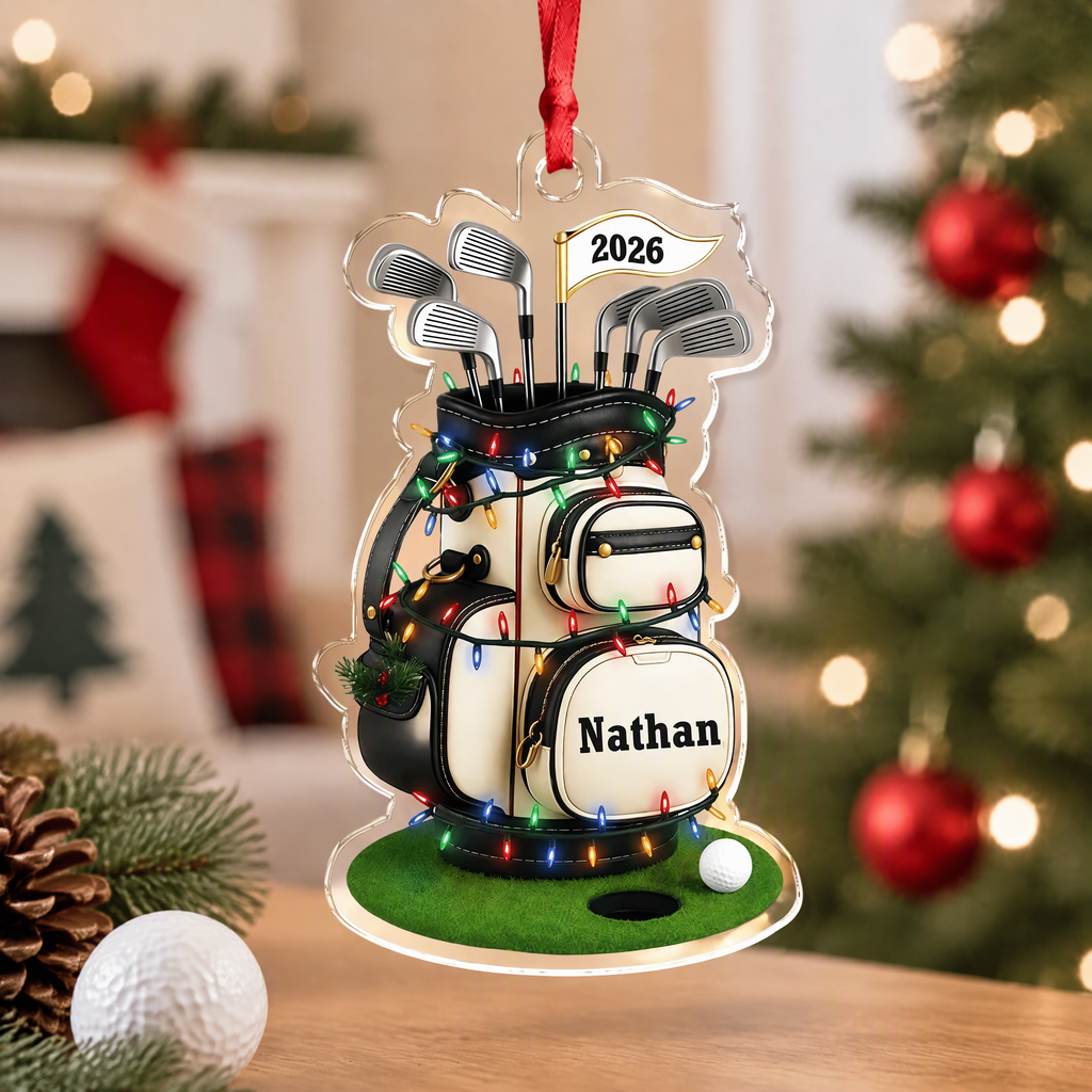 Custom Personalized Acrylic Ornament with Golf Bag & Christmas Lights 5YV5X