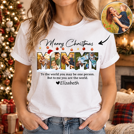 Custom Photo Upload T-Shirt with Merry Christmas & Mommy Letters GWQ9D