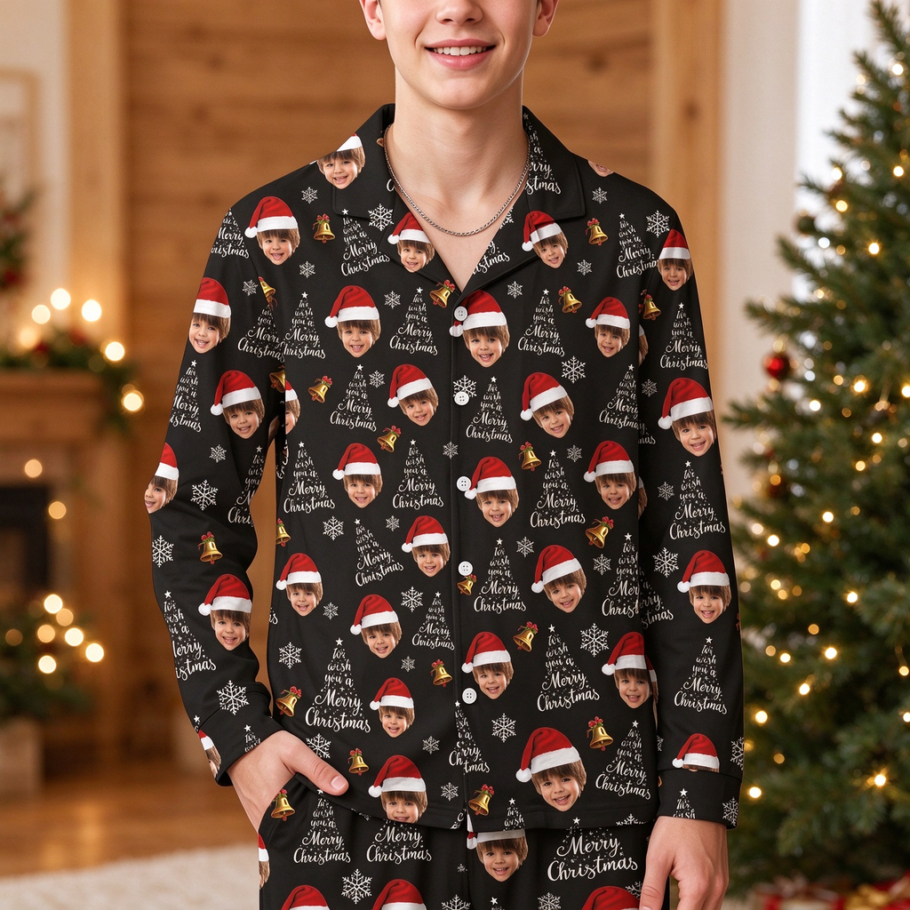 Custom Photo Pajama Set with Merry Christmas & Snowflakes KCM6S