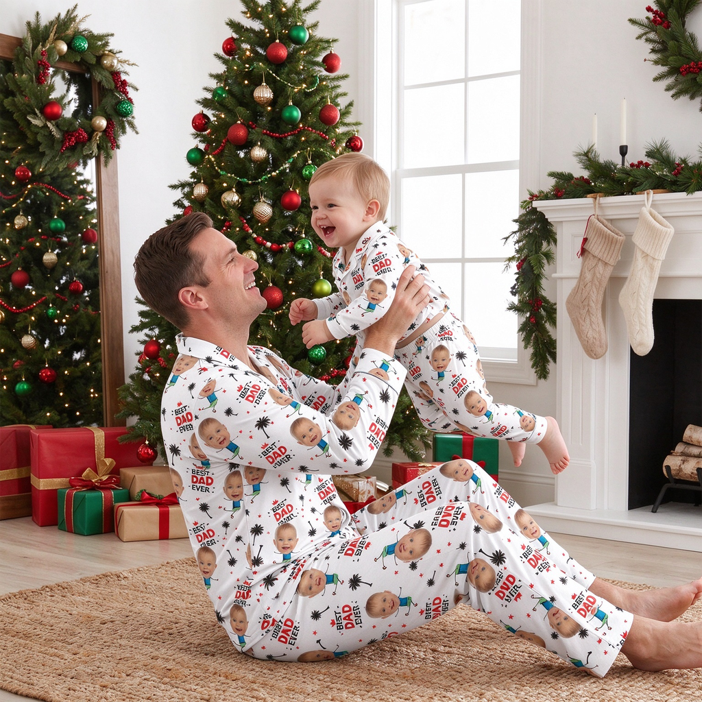 Custom Photo Upload Pajamas with Best Dad Ever Text & Palm Trees CRYV4