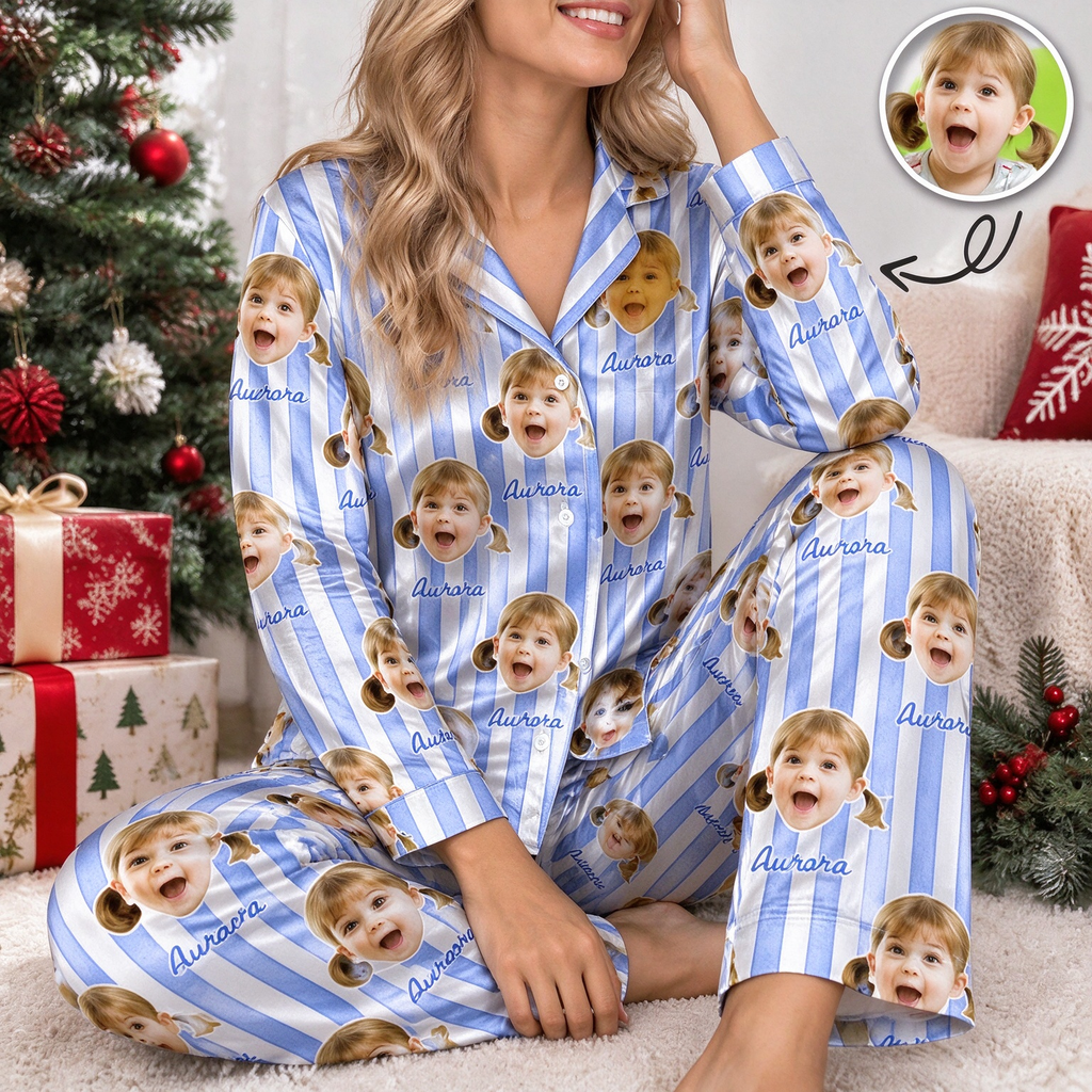Custom Photo Upload Pajamas with Pink and White Stripes N4EIX