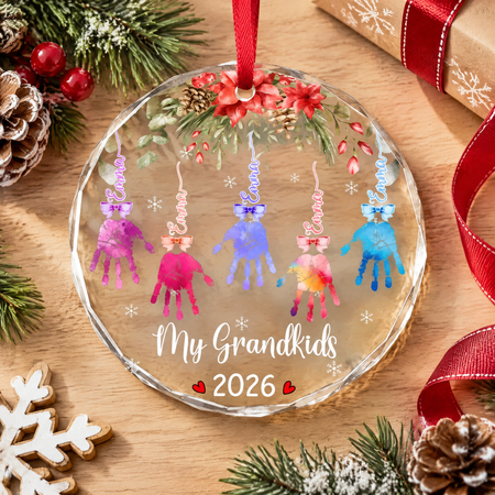 Custom Personalized Round Shaped Glass Ornament with Handprints C83SK