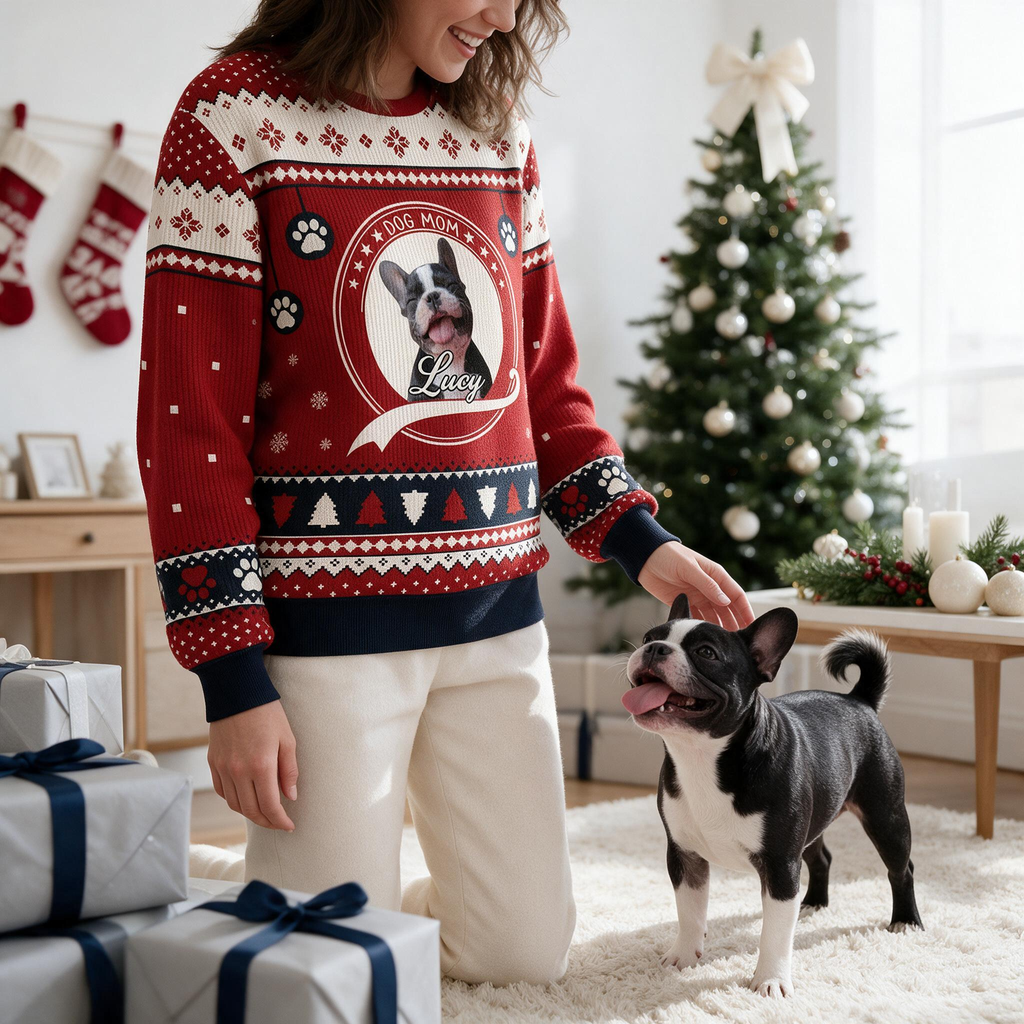 Custom Photo Upload Dog Mom Sweater with Fair Isle Pattern SBV53