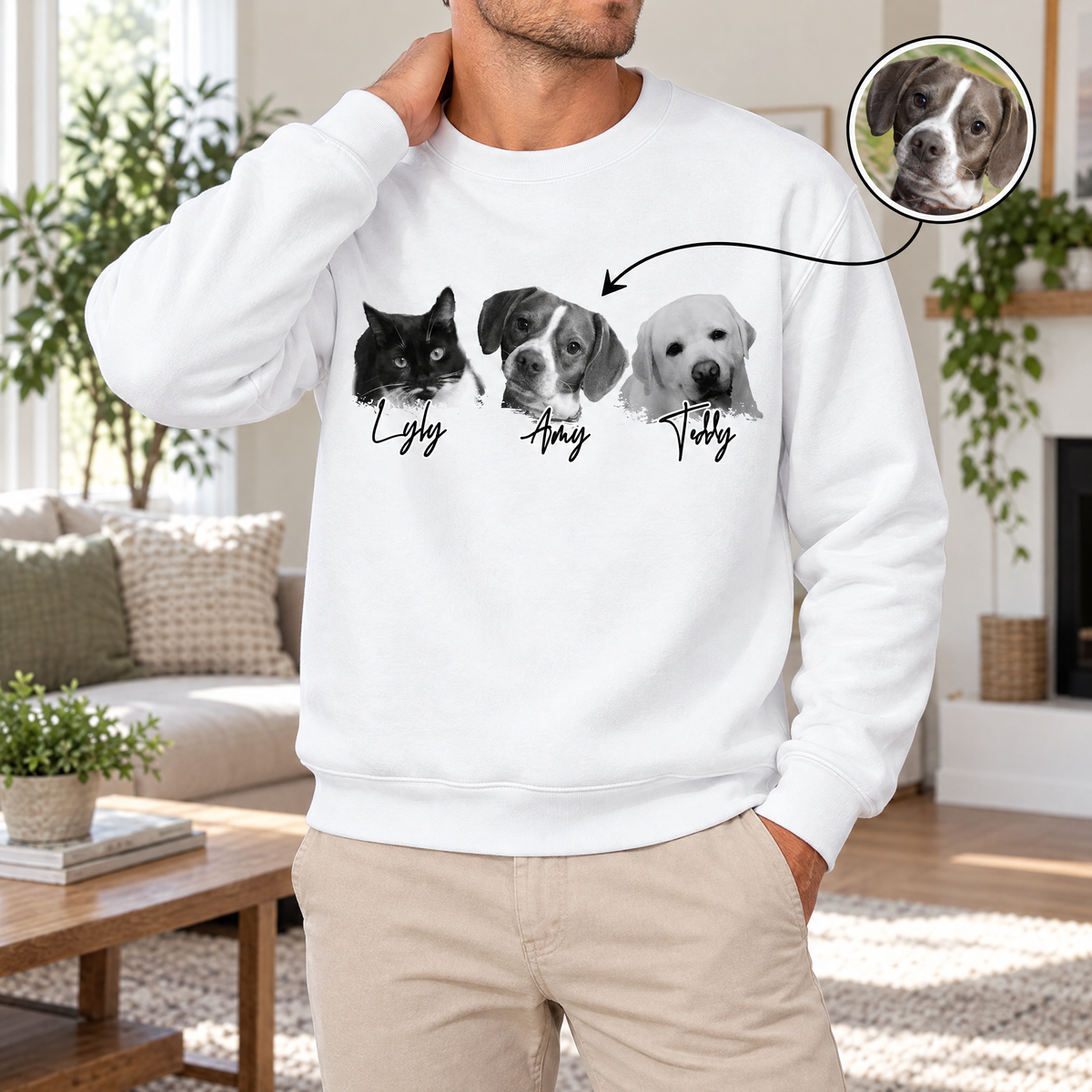 Personalized pet portrait sweatshirt with a custom dog photo design