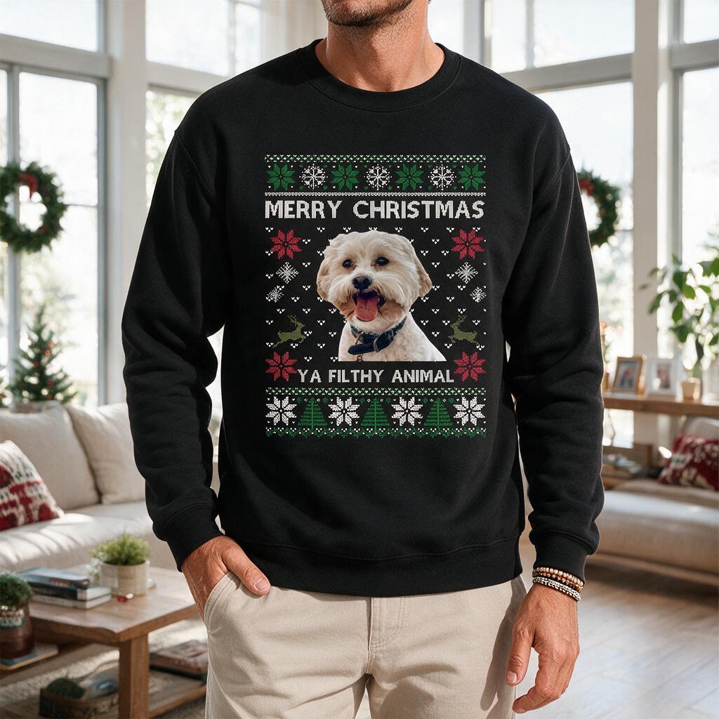 Custom Photo Ugly Christmas Ya Filthy Animal Dog Cat Sweatshirt, Dog Lover Sweater Christmas CVUFA