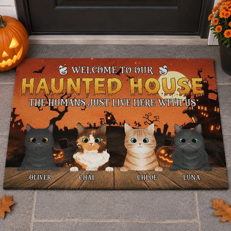 Custom Personalized Doormat with Halloween Cats & Haunted House 7UWJV