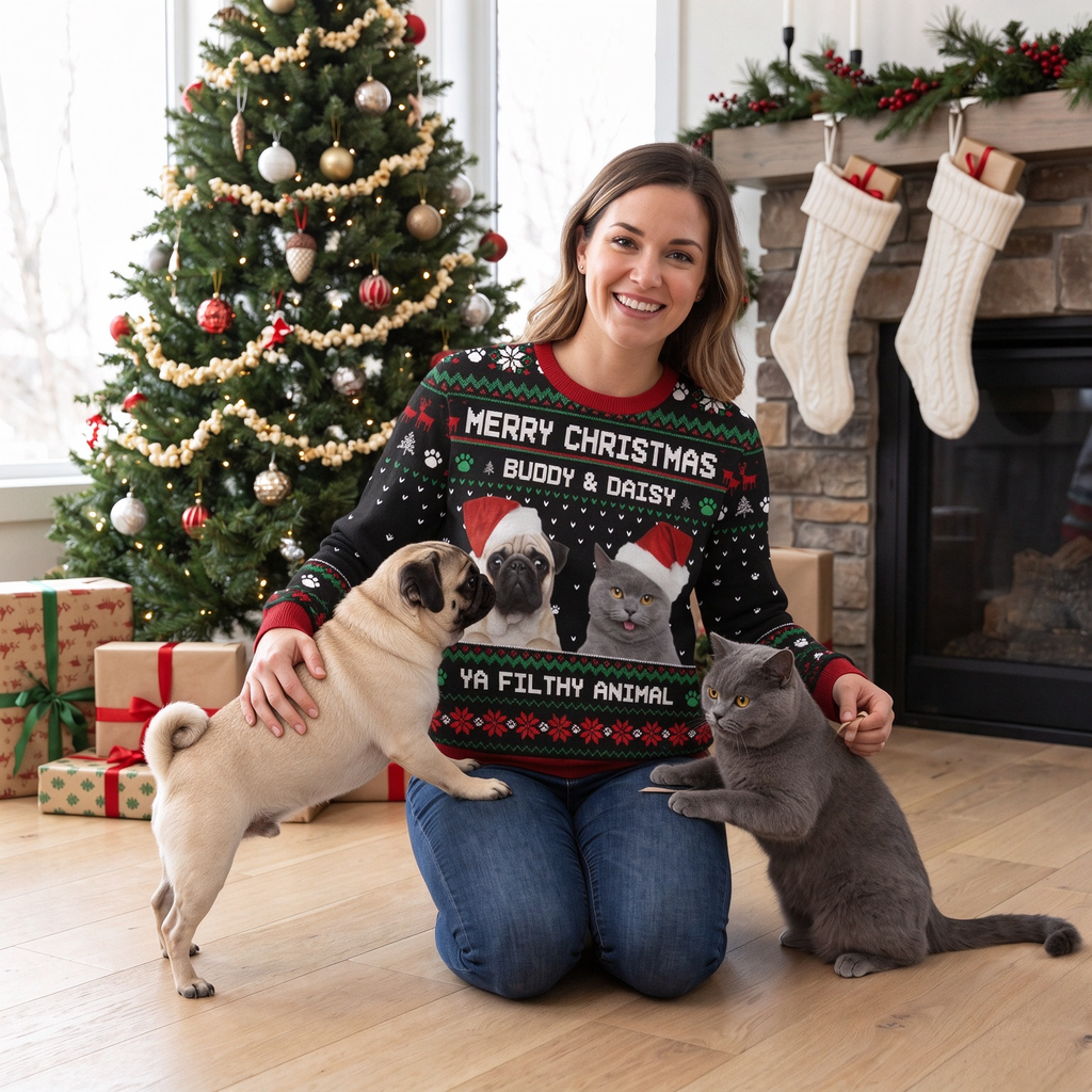 Custom Photo Upload Christmas Sweater with Pets in Santa Hats MQGFE