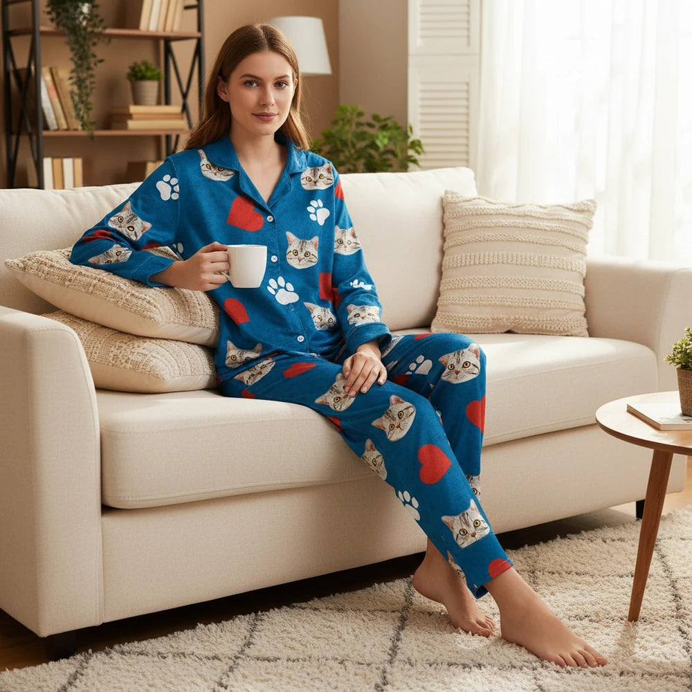 Custom Photo Upload Pajamas with Cat Faces Hearts & Paw Prints lifestyle photo