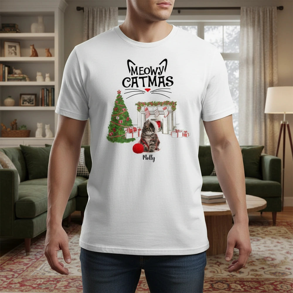 Custom Photo Upload Meowy Catmas T-Shirt with Christmas Tree lifestyle photo