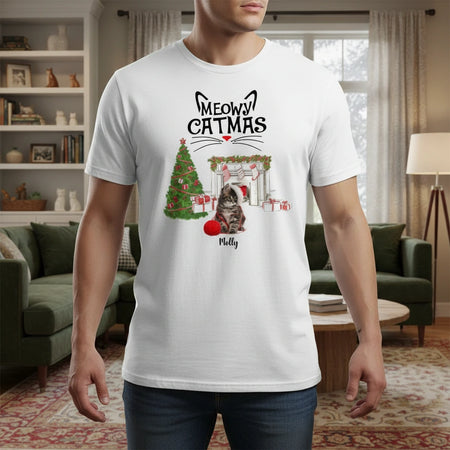 Custom Photo Upload Meowy Catmas T-Shirt with Christmas Tree lifestyle photo