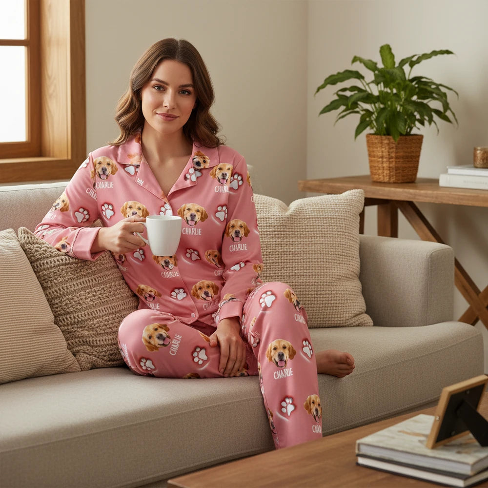 Custom Photo Upload Pajamas with Dog Face and Paw Print Pattern lifestyle photo