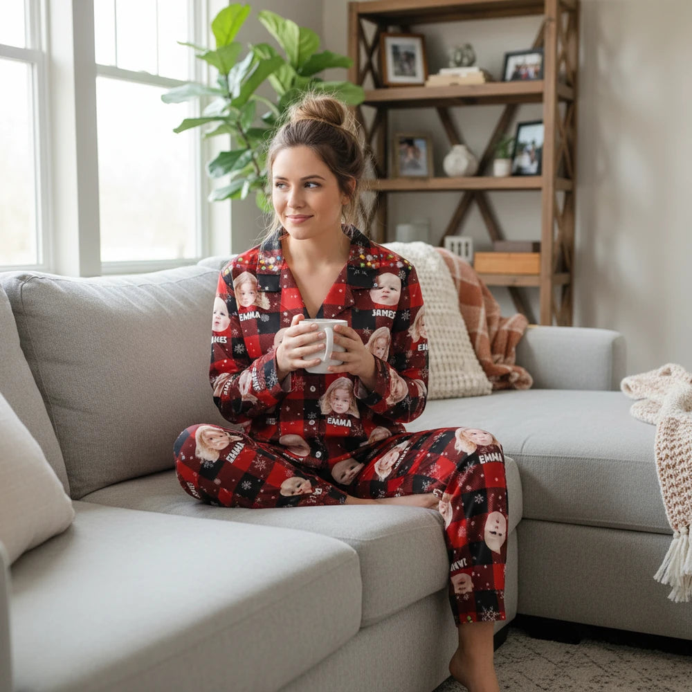 Custom Photo Upload Pajamas with Buffalo Plaid and Snowflakes lifestyle photo