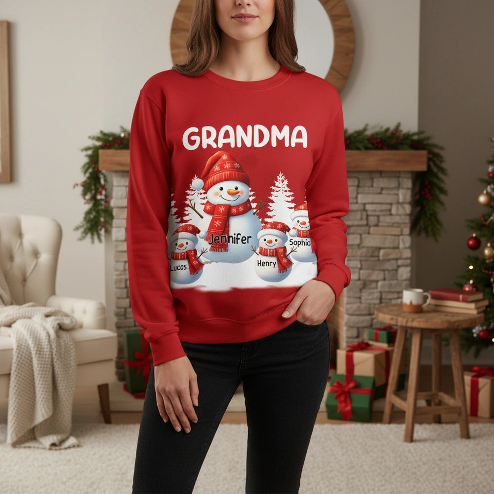 Custom Personalized Sweater with Snowman Family & Snowflakes lifestyle photo