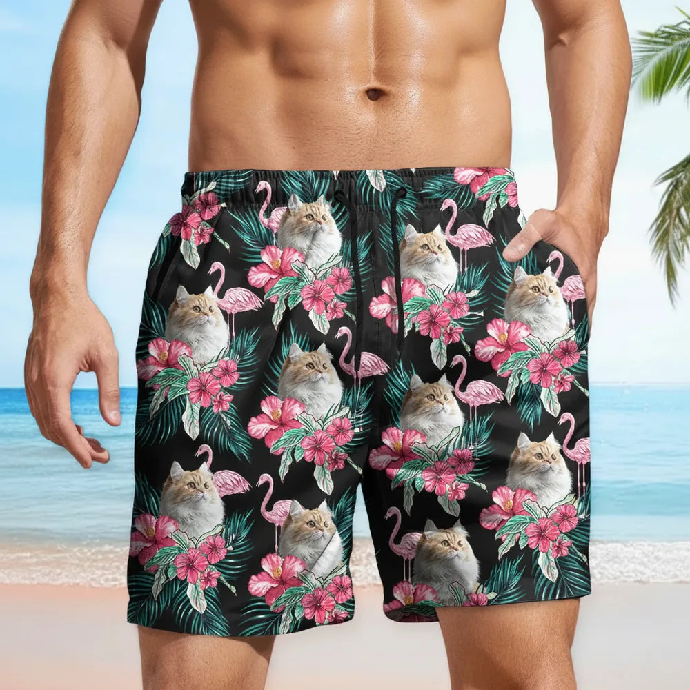 Custom Photo Beach Shorts with Cats Flamingos & Tropical Flowers lifestyle photo