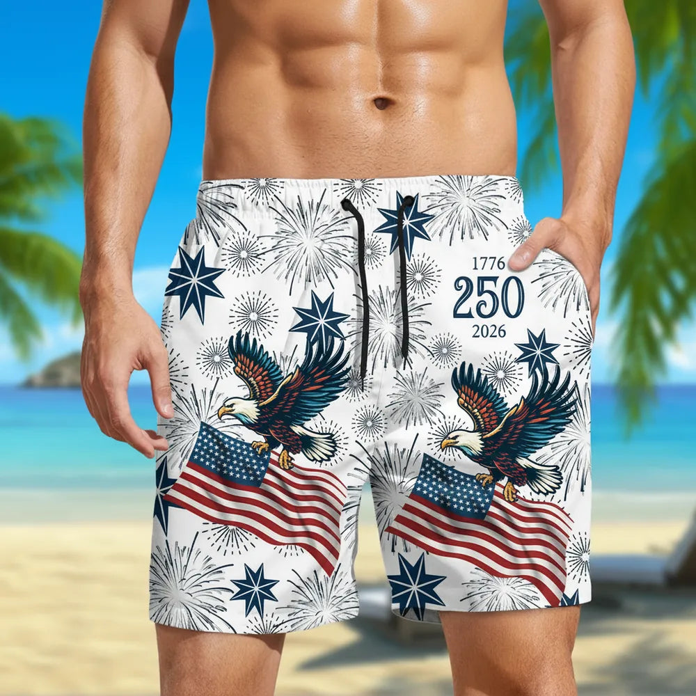 Custom Personalized Beach Shorts with Eagle Fireworks & American Flag lifestyle photo