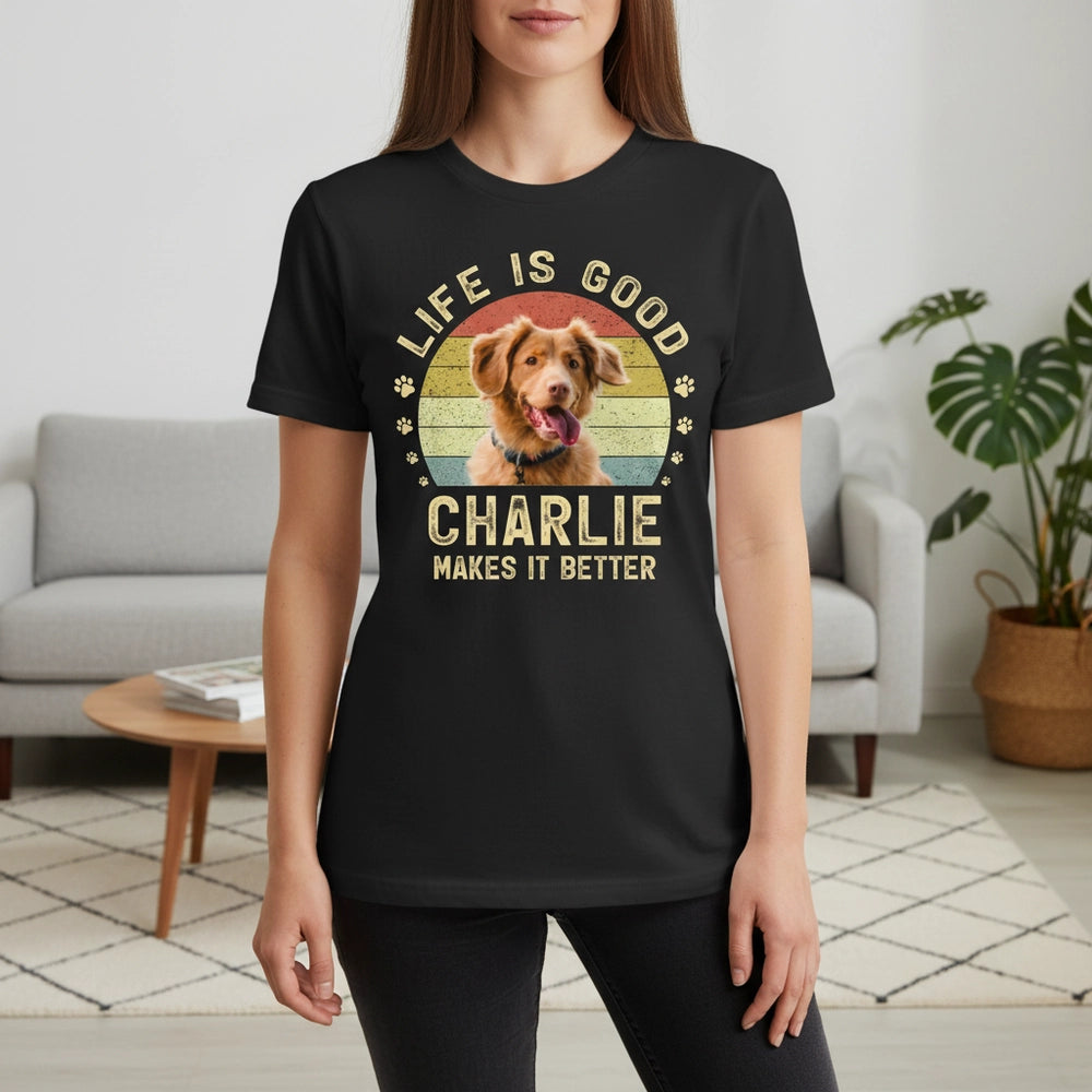 Custom Photo Upload T-Shirt Life Is Good Retro Sunset & Paw Prints lifestyle photo