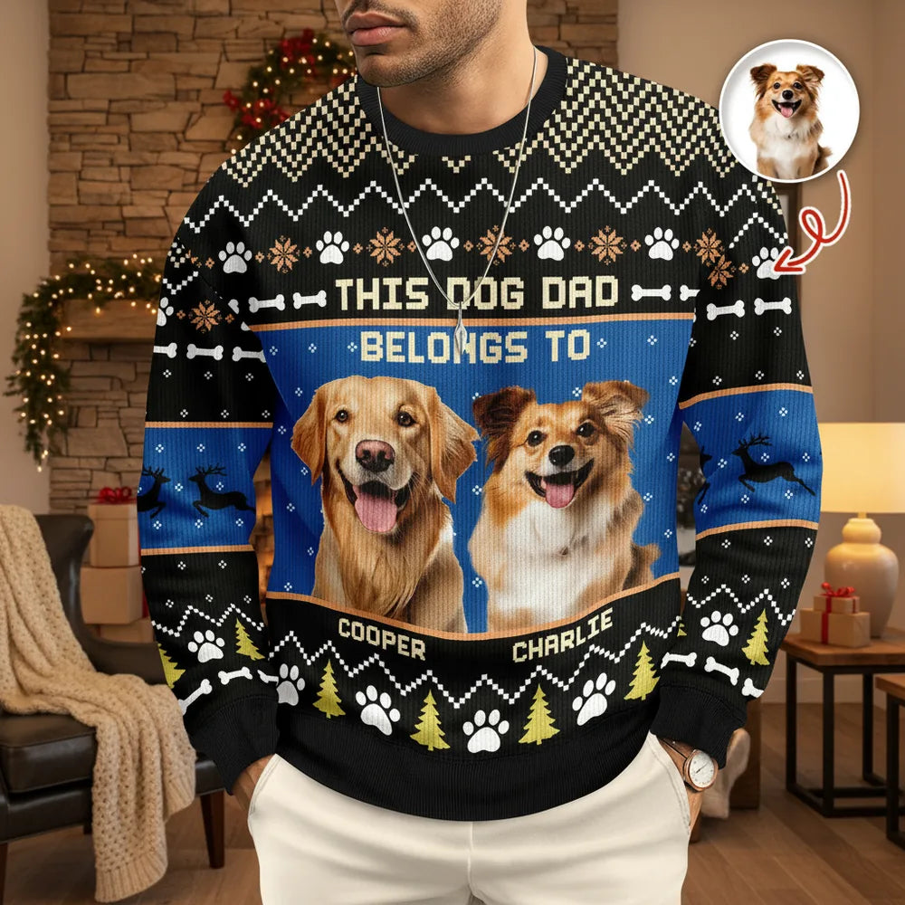 Custom Photo Upload This Dog Dad Belongs To Sweater with Paw Prints lifestyle photo
