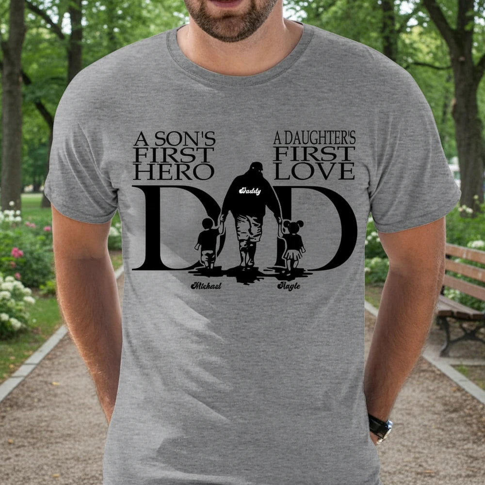 Custom Personalized Dad T-Shirt A Son's First Hero A Daughter's First Love lifestyle photo